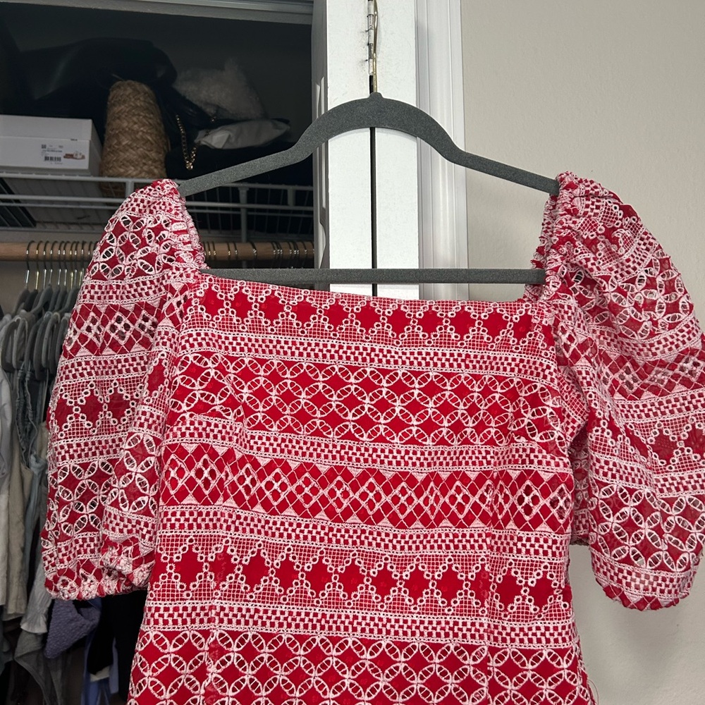 Red and White Puff Sleeve Dress